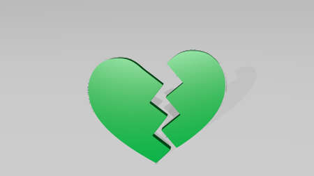 broken heart on the wall. 3D illustration of metallic sculpture over a white background with mild texture. old and abandonedの写真素材