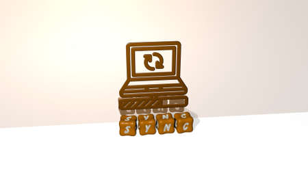 3D representation of SYNC with icon on the wall and text arranged by metallic cubic letters on a...