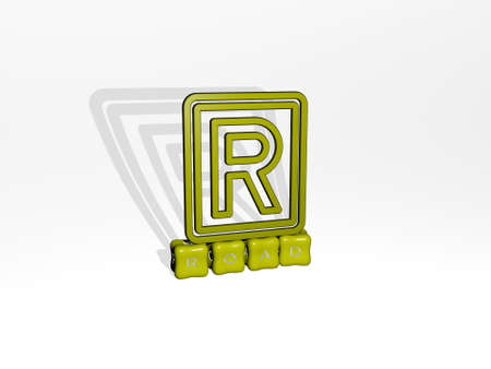 3D representation of ROAD with icon on the wall and text arranged by metallic cubic letters on a...