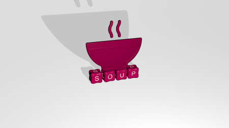 3D illustration of soup graphics and text made by metallic dice letters for the related meanings of the concept and presentations. bowl and foodの写真素材