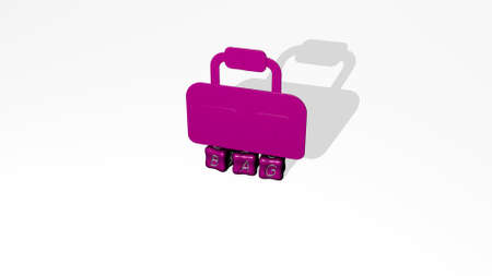 3D representation of bag with icon on the wall and text arranged by metallic cubic letters on a mirror floor for concept meaning and slideshow presentation. illustration and backgroundの写真素材