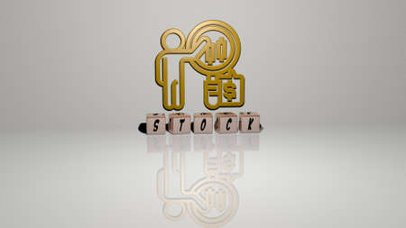 3D representation of stock with icon on the wall and text arranged by metallic cubic letters on a mirror floor for concept meaning and slideshow presentationの写真素材