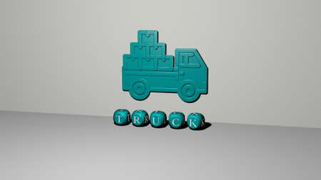 3D representation of truck with icon on the wall and text arranged by metallic cubic letters on a mirror floor for concept meaning and slideshow presentation. illustration and carの写真素材