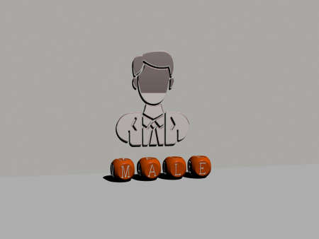 3D graphical image of male vertically along with text built by metallic cubic letters from the top...