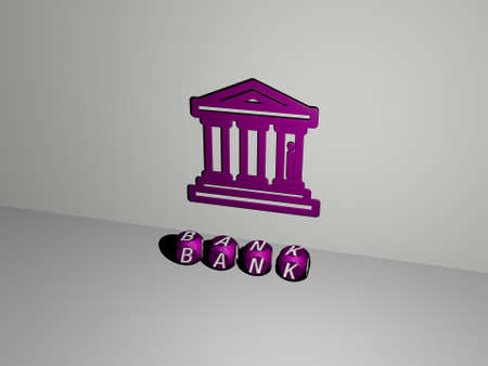 3D graphical image of BANK vertically along with text built by metallic cubic letters from the top perspective, excellent for the concept presentation and slideshows. business and illustrationの写真素材