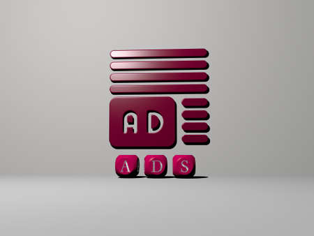 3D representation of ads with icon on the wall and text arranged by metallic cubic letters on a...