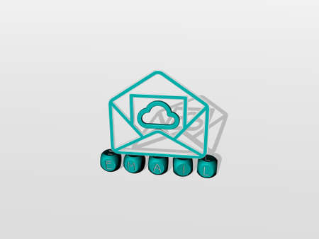 3D representation of email with icon on the wall and text arranged by metallic cubic letters on a...