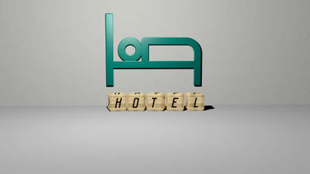 3D representation of hotel with icon on the wall and text arranged by metallic cubic letters on a mirror floor for concept meaning and slideshow presentation. building and architectureの写真素材