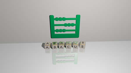3D graphical image of ABACUS vertically along with text built by metallic cubic letters from the top...