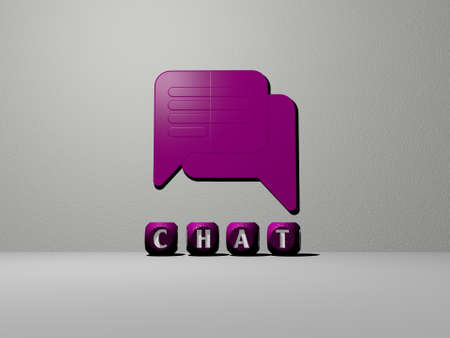 3D representation of chat with icon on the wall and text arranged by metallic cubic letters on a mirror floor for concept meaning and slideshow presentation. illustration and communicationの写真素材