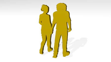 lovers stand with shadow. 3D illustration of metallic sculpture over a white background with mild...