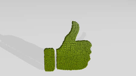 like word making a thumb up on the wall. 3D illustration of metallic sculpture over a white...