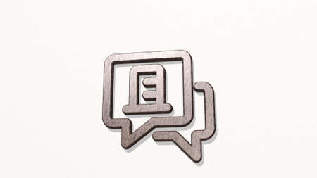 REAL ESTATE MESSAGE CHAT BUILDING made by 3D illustration of a shiny metallic sculpture on a wall with light background. house and conceptの写真素材