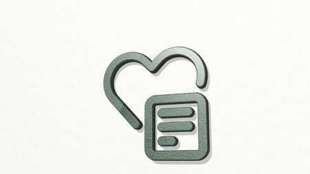 LOVE IT TEXT made by 3D illustration of a shiny metallic sculpture on a wall with light background....