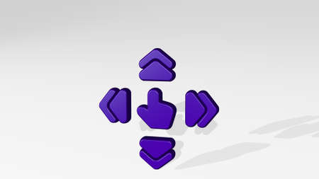 GESTURE TAP EXPAND ALL DIRECTIONS from a perspective with the shadow. A thick sculpture made of metallic materials of 3D rendering. background and handの写真素材