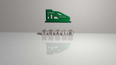 3D illustration of TRAIN graphics and text made by metallic dice letters for the related meanings of the concept and presentations. station and editorialの写真素材
