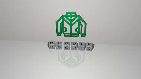 3D graphical image of hoodie vertically along with text built by metallic cubic letters from the top...