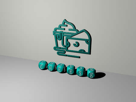 3D representation of CHEESE with icon on the wall and text arranged by metallic cubic letters on a...