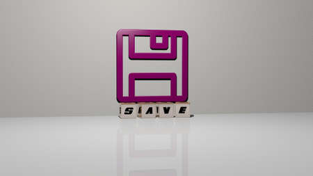 3D illustration of save graphics and text made by metallic dice letters for the related meanings of...