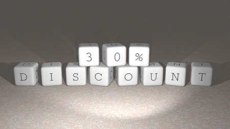% DISCOUNT built by dice letters and color crossing for the related meanings of the concept by 3D...