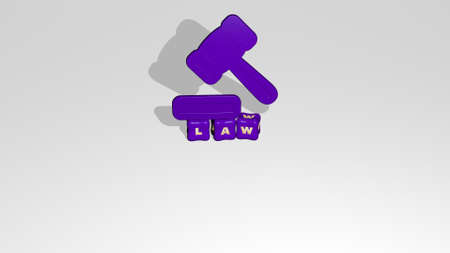 3D representation of law with icon on the wall and text arranged by metallic cubic letters on a mirror floor for concept meaning and slideshow presentation. illustration and justiceの写真素材