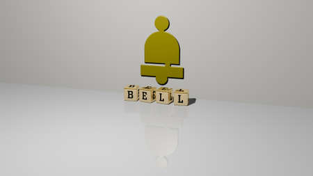 3D graphical image of bell vertically along with text built by metallic cubic letters from the top...