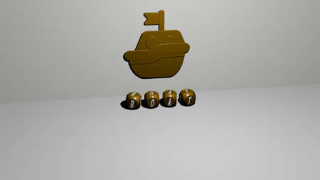 3D representation of boat with icon on the wall and text arranged by metallic cubic letters on a mirror floor for concept meaning and slideshow presentation. blue and beautifulの写真素材