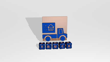 3D representation of truck with icon on the wall and text arranged by metallic cubic letters on a mirror floor for concept meaning and slideshow presentation. illustration and carの写真素材