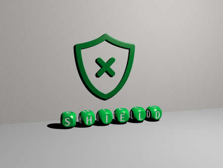 3D representation of shield with icon on the wall and text arranged by metallic cubic letters on a mirror floor for concept meaning and slideshow presentation. illustration and designの写真素材