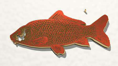 FISH from a perspective on the wall. A thick sculpture made of metallic materials of 3D rendering. illustration and backgroundの写真素材