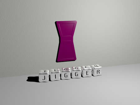 3D representation of jigger with icon on the wall and text arranged by metallic cubic letters on a...