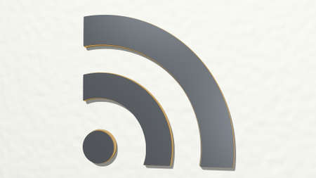 RSS FEED SYMBOL from a perspective on the wall. A thick sculpture made of metallic materials of 3D rendering. illustration and iconの写真素材