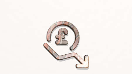 CURRENCY POUND DECREASE on the wall. 3D illustration of metallic sculpture over a white background with mild texture. business and conceptの写真素材