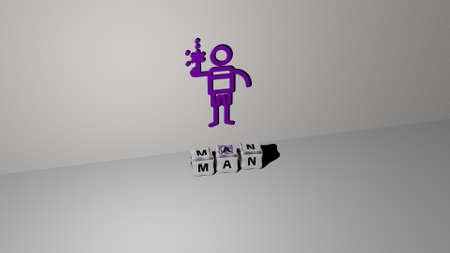 3D illustration of man graphics and text made by metallic dice letters for the related meanings of the concept and presentationsの写真素材