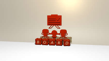 3D representation of BOARD with icon on the wall and text arranged by metallic cubic letters on a mirror floor for concept meaning and slideshow presentation. background and illustrationの写真素材