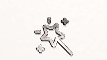 VIDEO GAME MAGIC WAND on the wall. 3D illustration of metallic sculpture over a white background with mild texture. camera and iconの写真素材