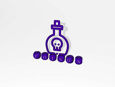 3D illustration of POISON graphics and text made by metallic dice letters for the related meanings of the concept and presentations. background and dangerの写真素材