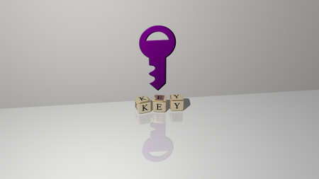 3D graphical image of KEY vertically along with text built by metallic cubic letters from the top perspective, excellent for the concept presentation and slideshows. background and illustrationの写真素材
