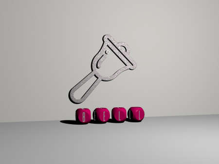3D illustration of bell graphics and text made by metallic dice letters for the related meanings of...