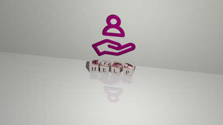3D graphical image of help vertically along with text built by metallic cubic letters from the top...