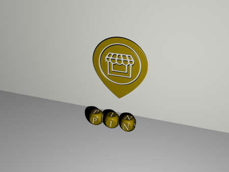 3D graphical image of pin vertically along with text built by metallic cubic letters from the top...