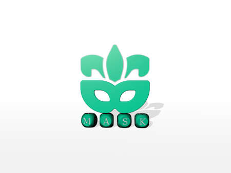 3D representation of mask with icon on the wall and text arranged by metallic cubic letters on a mirror floor for concept meaning and slideshow presentation. illustration and backgroundの写真素材