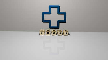 3D representation of cross with icon on the wall and text arranged by metallic cubic letters on a mirror floor for concept meaning and slideshow presentation. illustration and backgroundの写真素材