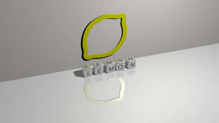 3D illustration of lemon graphics and text made by metallic dice letters for the related meanings of the concept and presentations. background and freshの写真素材