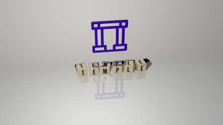 3D graphical image of TEMPLE vertically along with text built by metallic cubic letters from the top perspective, excellent for the concept presentation and slideshows. ancient and architectureの写真素材