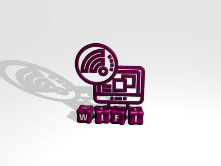3D illustration of WIFI graphics and text made by metallic dice letters for the related meanings of...