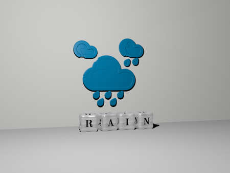 3D graphical image of RAIN vertically along with text built by metallic cubic letters from the top...