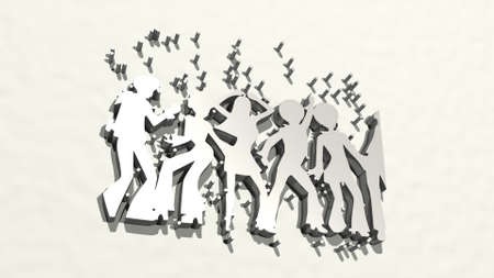 girls dancing 80s style on the wall. 3D illustration of metallic sculpture over a white background with mild texture. beautiful and happyの写真素材