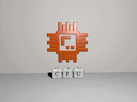 3D illustration of cpu graphics and text made by metallic dice letters for the related meanings of...