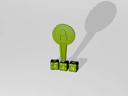 3D representation of pin with icon on the wall and text arranged by metallic cubic letters on a...